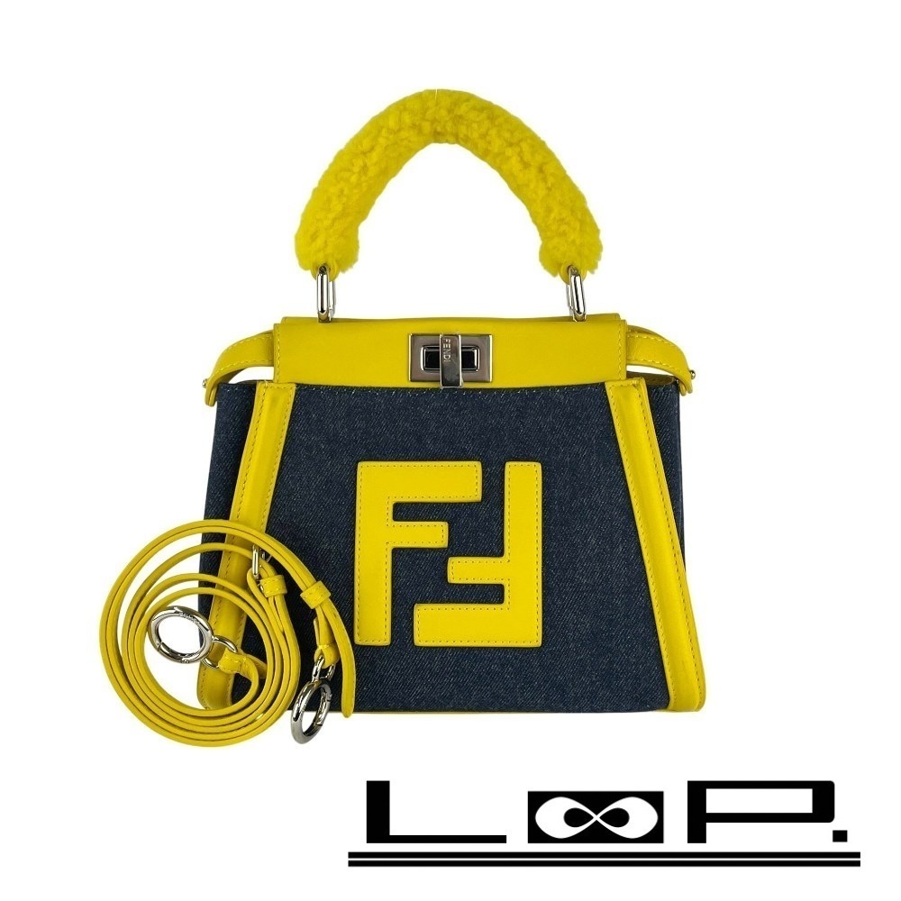 Fendi Peekaboo Hand Shoulder Bag Denim Leather Yellow Blue